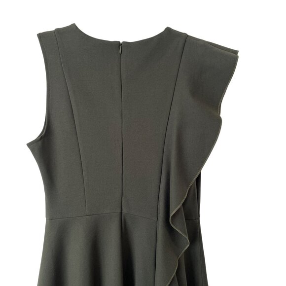 Few Moda Size S Side Ruffle Midi A-Line Flare Dress Green Olive Career - Picture 8 of 9